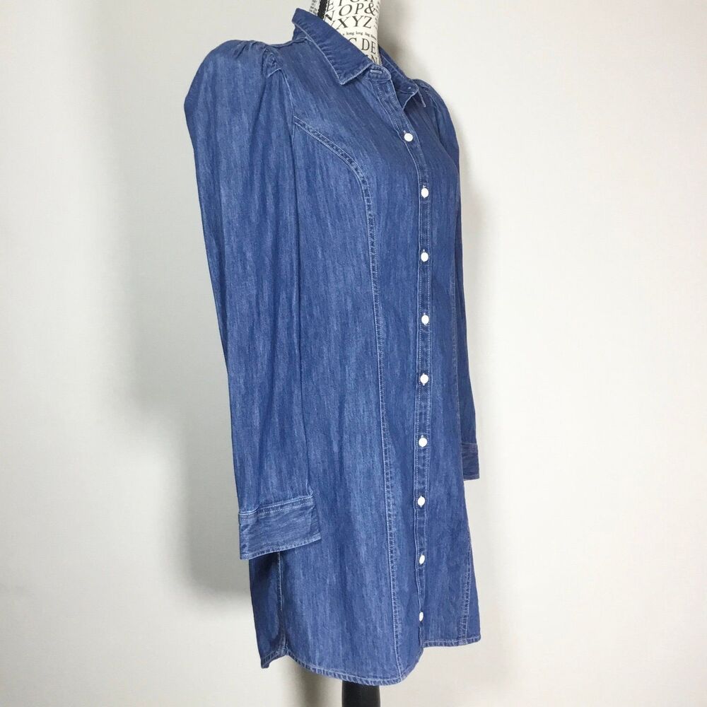 Blue denim cotton dress long sleeve button down puff sleeve western country S - Picture 3 of 6